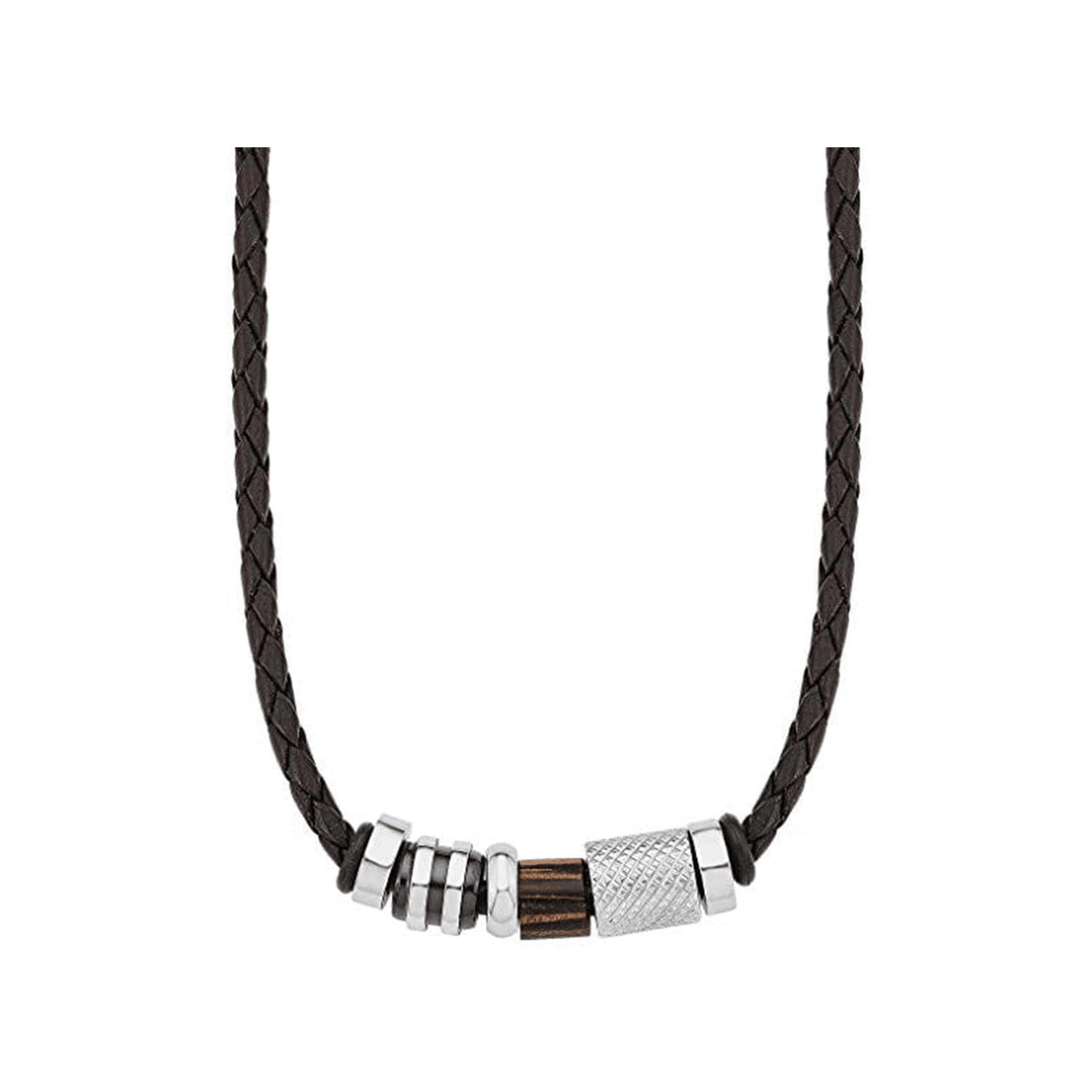 Amor Herren-Kette Lederband braun Lederkette 45 Beads Edelstahl mit cm Anhänger Holz