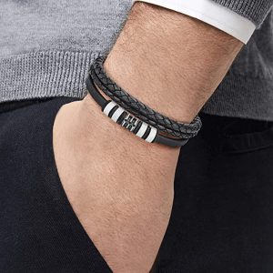 s.Oliver Armband Edelstahl Leder Herren Armschmuck, 20+2 cm, Schwarz